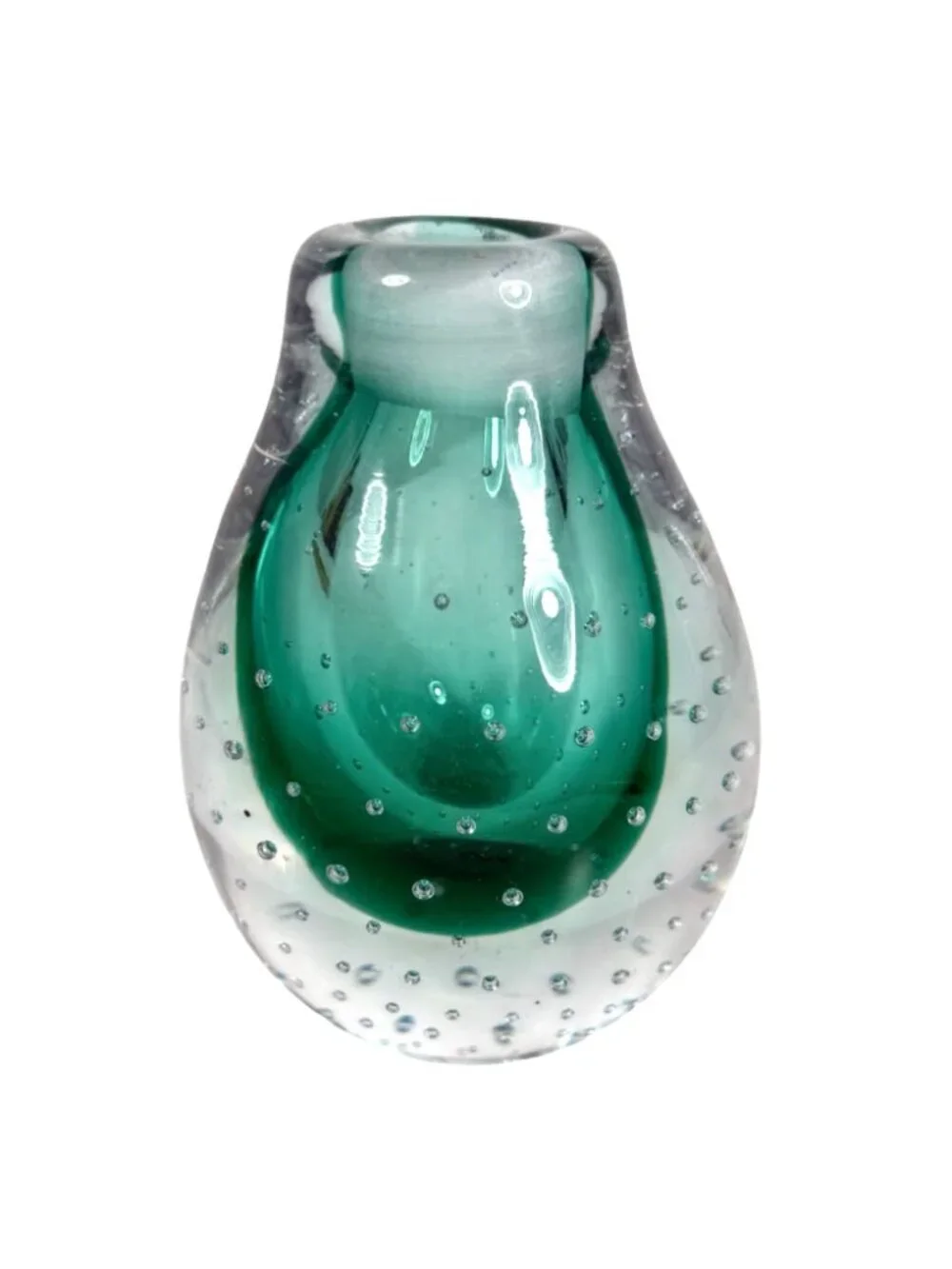 Small Teardrop Teal Green and Clear Glass Controlled Bubble Art Vase Paperweight
